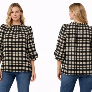 Vero Moda Plaid Blouse Womens Medium Puff Sleeve Ruffle Neck Cottagecore Top